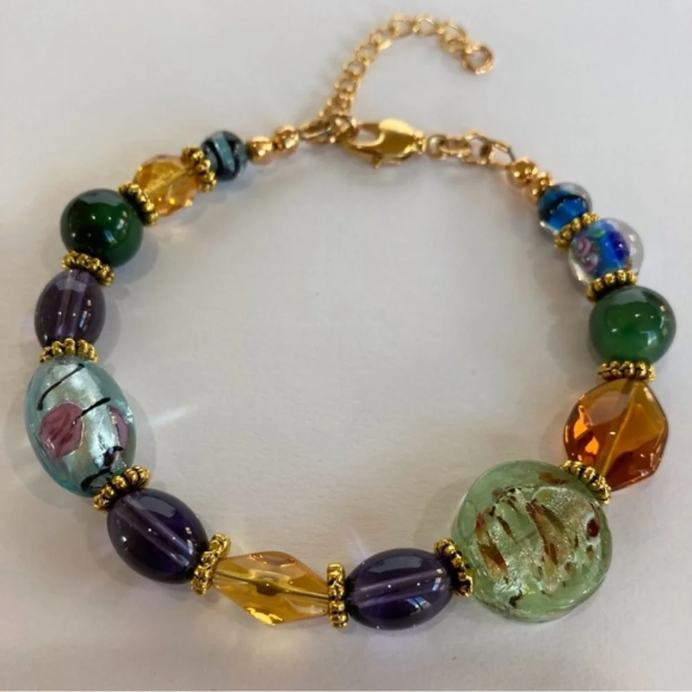 HAND CRAFTED Lamp-worked Glass Czech Crystal Beaded BRACELET Gold 7” NWT